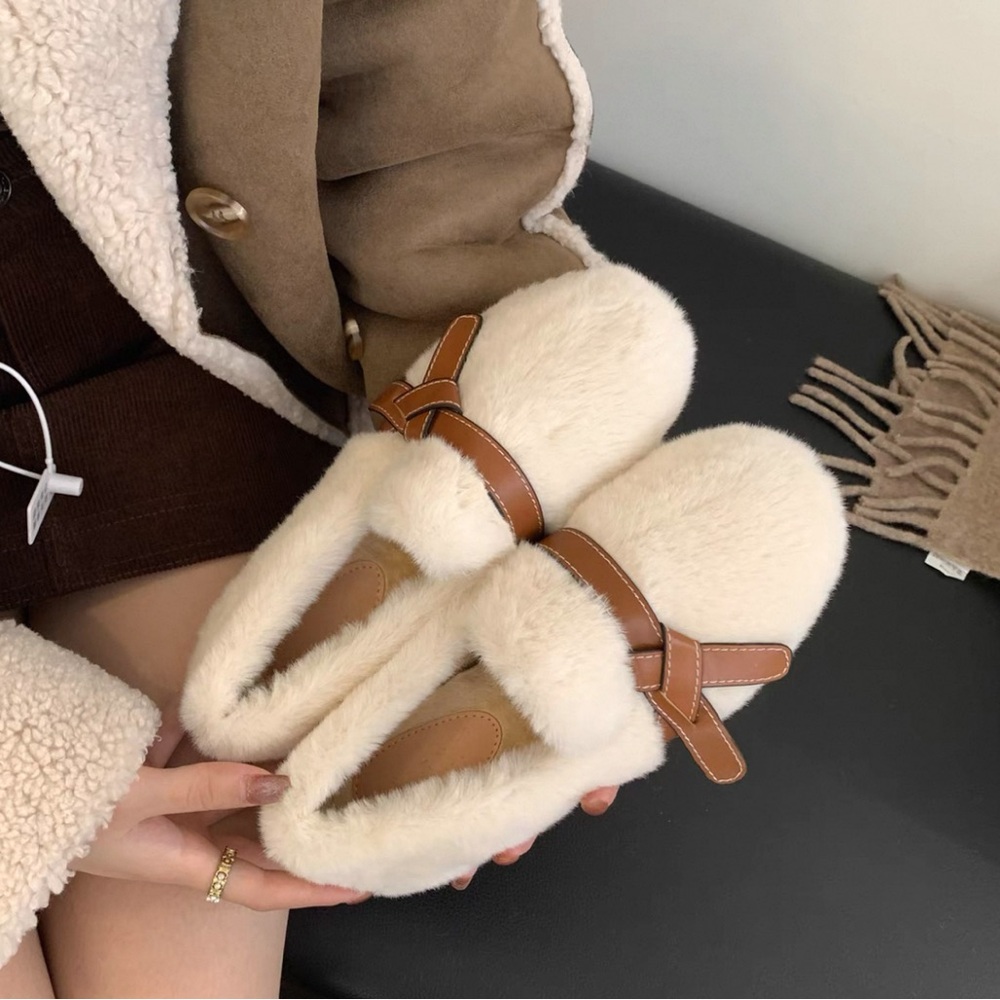 Cozy Fuffy Cream Faux Fur Loafers with high increase